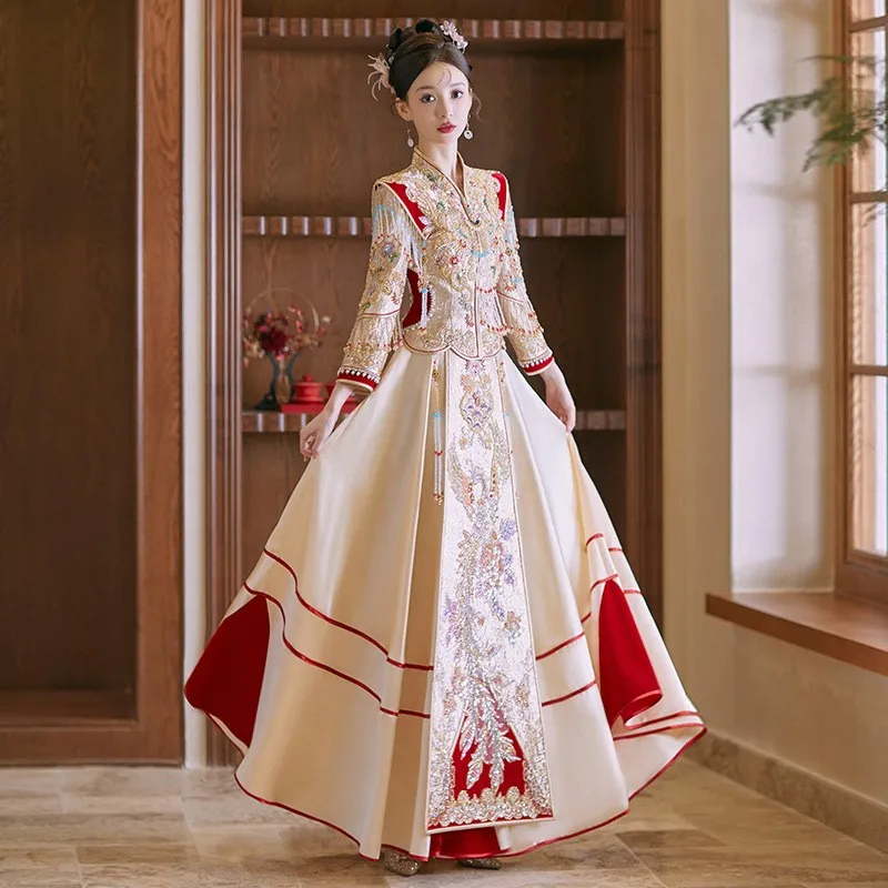 

Новое свадебное платье цвета шампанского в китайском стиле с драконом и фениксом