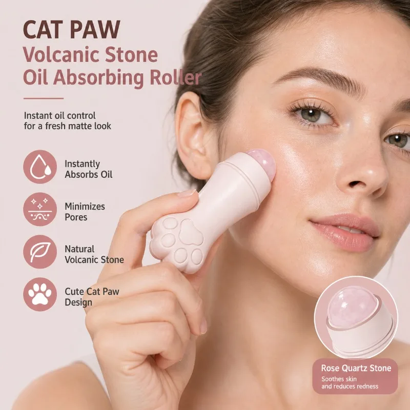Rouleau absorbant d'huile en pierre volcanique naturelle en forme de patte de chat, portable, réutilisable, lavable, pour nettoyer les pores de la peau du visage et éliminer l'huile