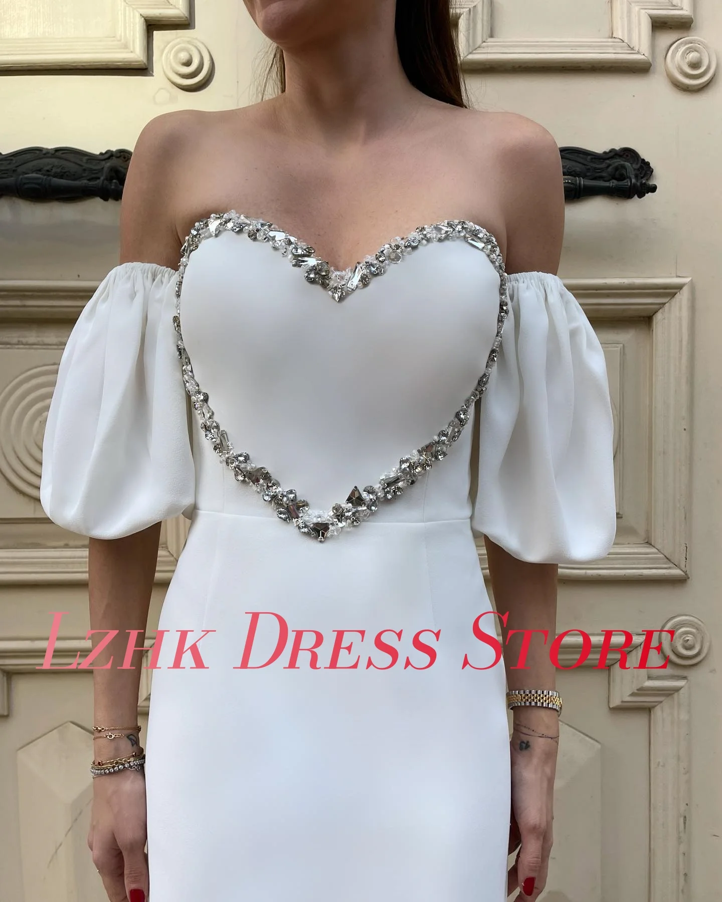 تخصيص جيرسي رائعة مستقيم قبالة الكتف كريستال مطرزة مساء اللباس مثير قصيرة الأكمام Fساتين Shret