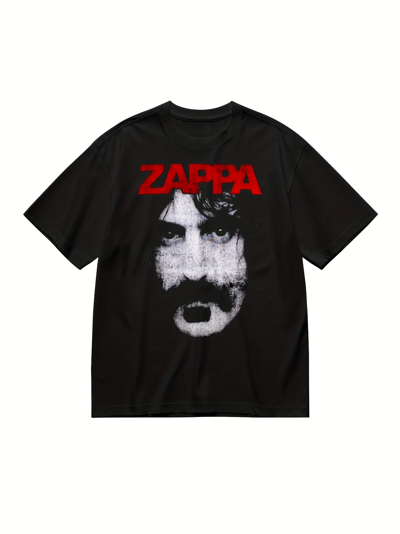 

Мужская футболка с забавным рисунком Frank Zappa Face — черная, свободные короткие рукава, жирный красный текст и стилизованный портретный принт,