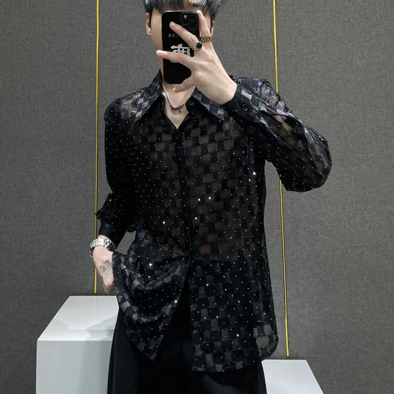 WVGA Men's Summer High-end Hollow Out Plaid Hot Diamond Long Sleeve Shirt Niche Chic Casual Breathable Shoulder Pads Tops W21863