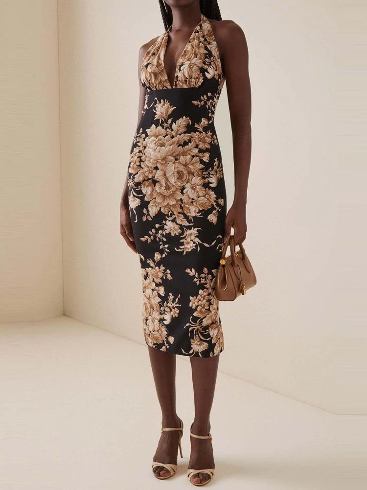 Vestido de fiesta Bohe hueco con espalda descubierta para mujer, vestido ajustado sin mangas con escote en V profundo, vestido Midi ajustado con estampado Floral a la moda