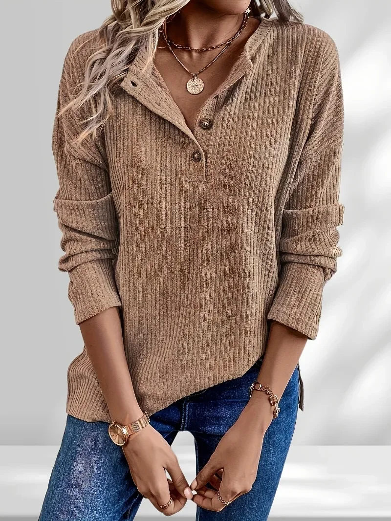 

Plus Size 1XL-5XL Autumn New Polo Collar with Button Knitted Long Sleeved T-shirt Fashion Simple Solid Color Casual T-shirt