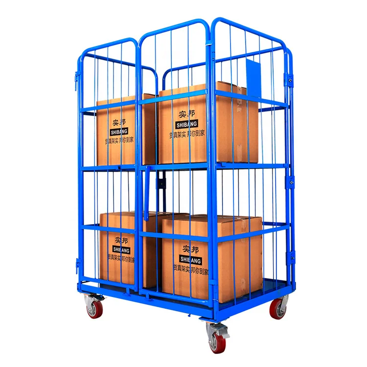 Mobile Transporting Foldable Galvanized Warehouse Steel 3 Mesh Sides Roll Cage Trolley