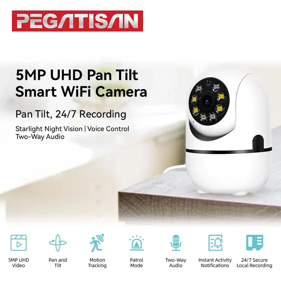 

Беспроводная камера видеонаблюдения PEGATAH 2K 360° ° PTZ-камера с автоматическим отслеживанием, распознаванием лиц, ночным видением и функцией видеонаблюдения для дома O-KAM Pro