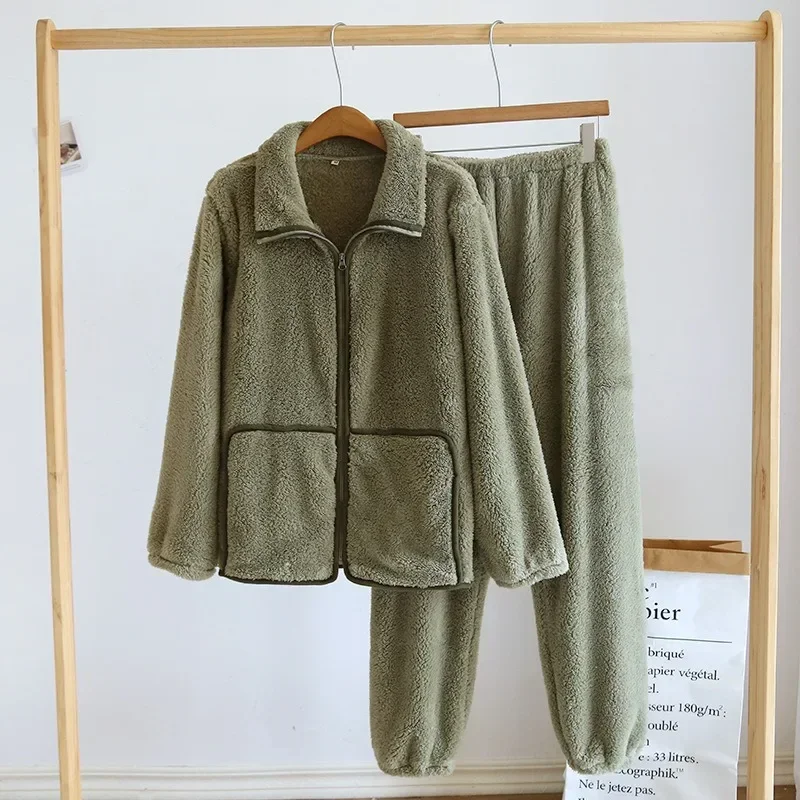 Ensemble de vêtements de nuit en peluche pour couple, pantalon à manches longues avec fermeture éclair en glouton, fourrure de maison épaissie pour