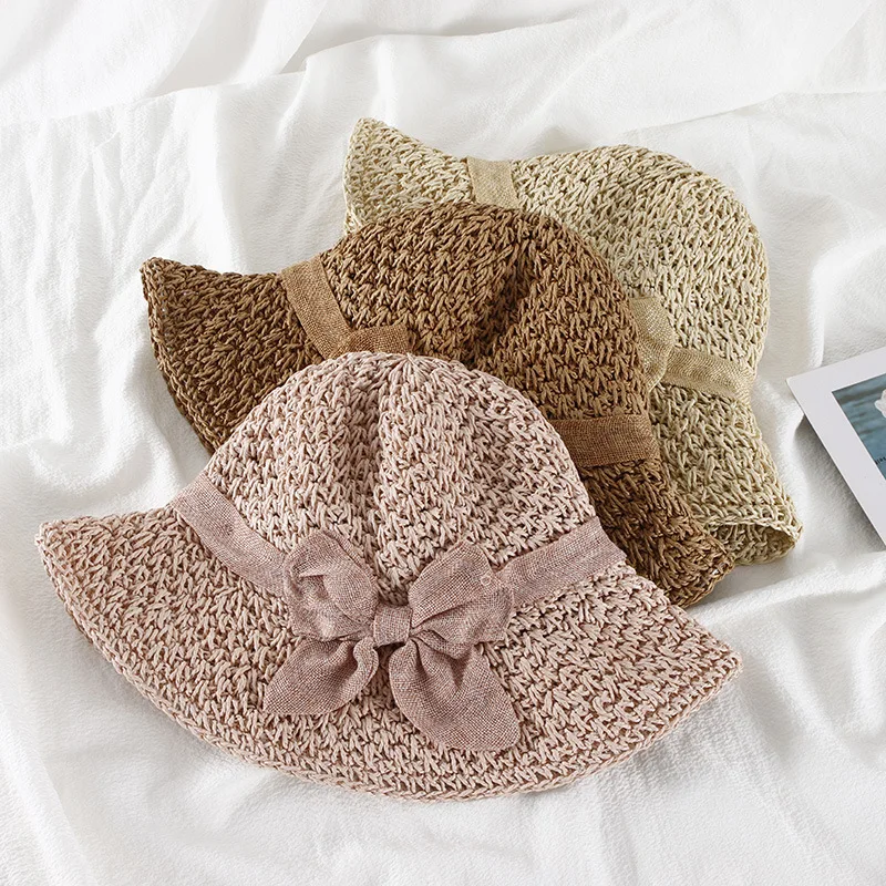 Handmade Women's Straw Panama Hat with Bowknot Detail - Foldable Wide Brim UV-Protected Sun Cap for Summer Beach