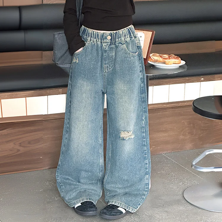 

Kids Girls Denim Pant Autumn Retro Embroidery Pocket Children Girls Ripped Pant Elastic Waist Teenager Girls Wide Leg Jeans