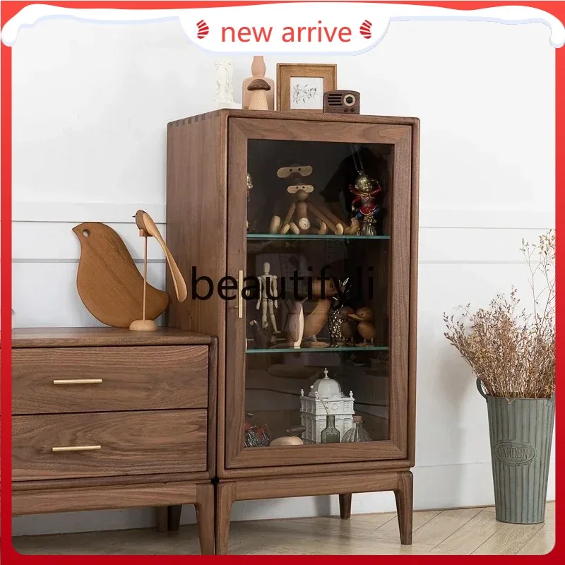 

D2520 Walnut Side Cabinet with Light Glass Black Walnut Side Cabinet Living Room Sofa Side Cabinet Wood Wax Oil