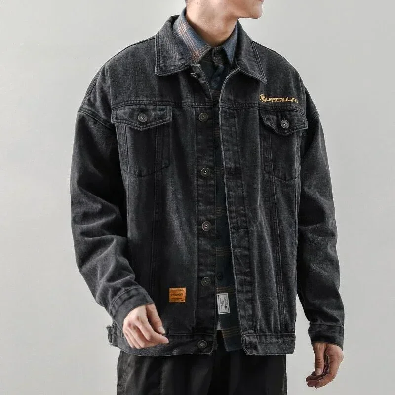 Autumn Black Cargo Male Jean Coats Button Blue Men's Denim Jacket Cheap Price Stylish Lxury Clothing Vintage One Piece of Fabric