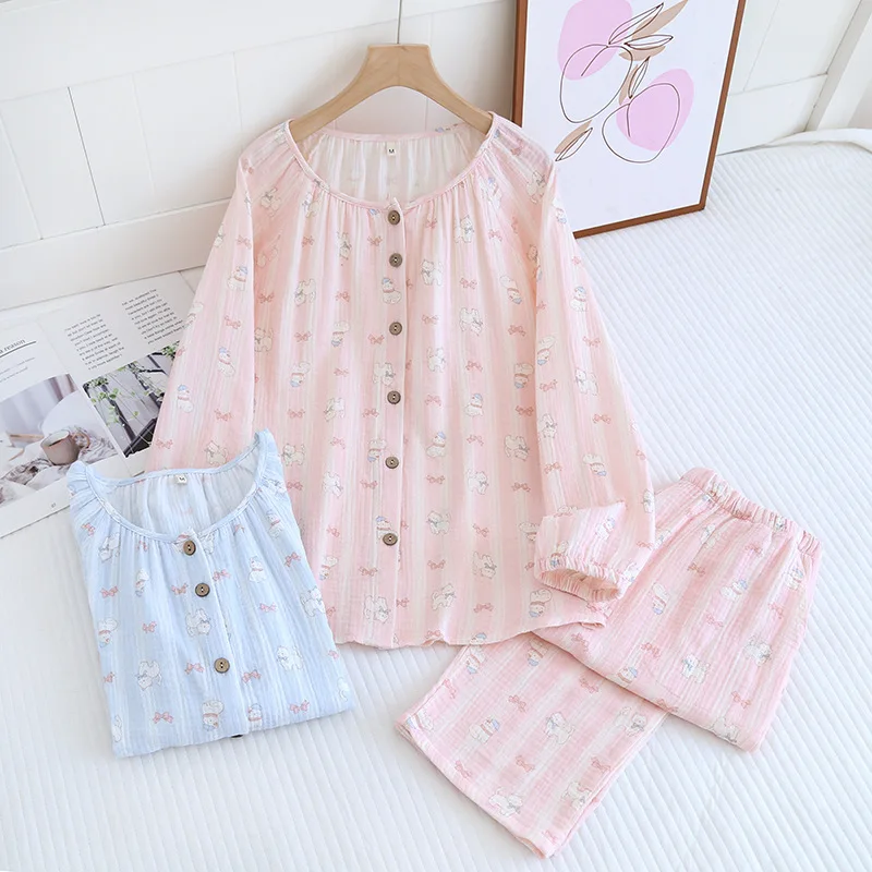 Cotton Sleepwear Pajamas Clothes for Women's Spring and Summer Flower Printed Long Sleeve Round Neck Pullover Home Pajama Set
