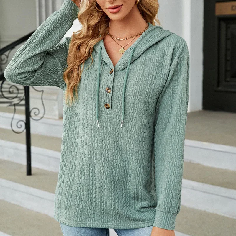 

Autumn Elegant Casual Chic Pullovers Women V Neck Button Drawstring Stylish Hook Flower Hollow Long Sleeve Knitted Sweatshirts