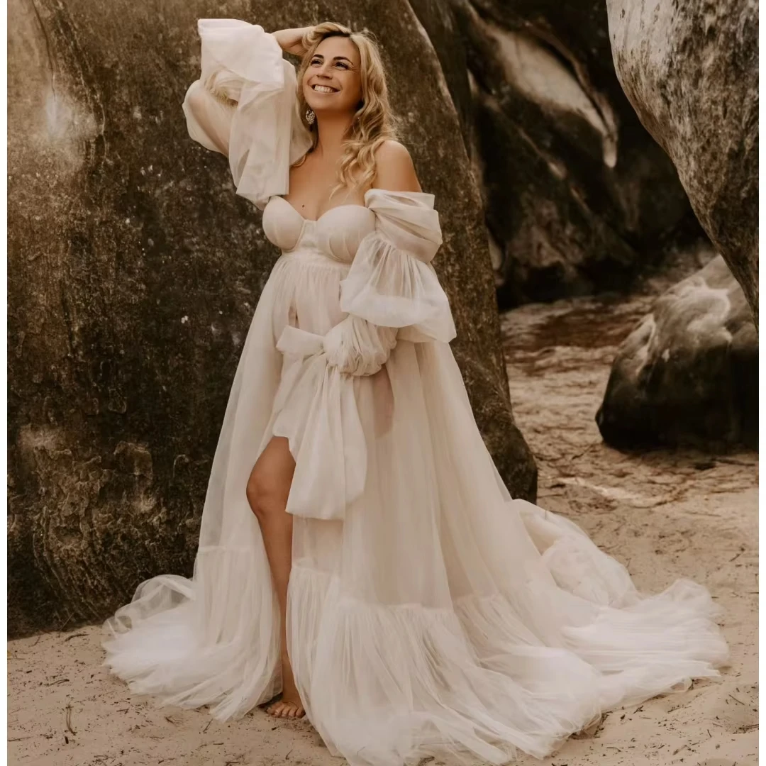 Women Prom Dresses Tulle Long Sleeves Maternity Dress Customized Off Shoulder Layers Boho Vestido De Novia PhotoShoot Gown
