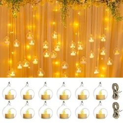 6/12Pcs Mini Hanging Glass Tealight Globe Candle Holder with LED Candle for Wedding Party Tree Decoration