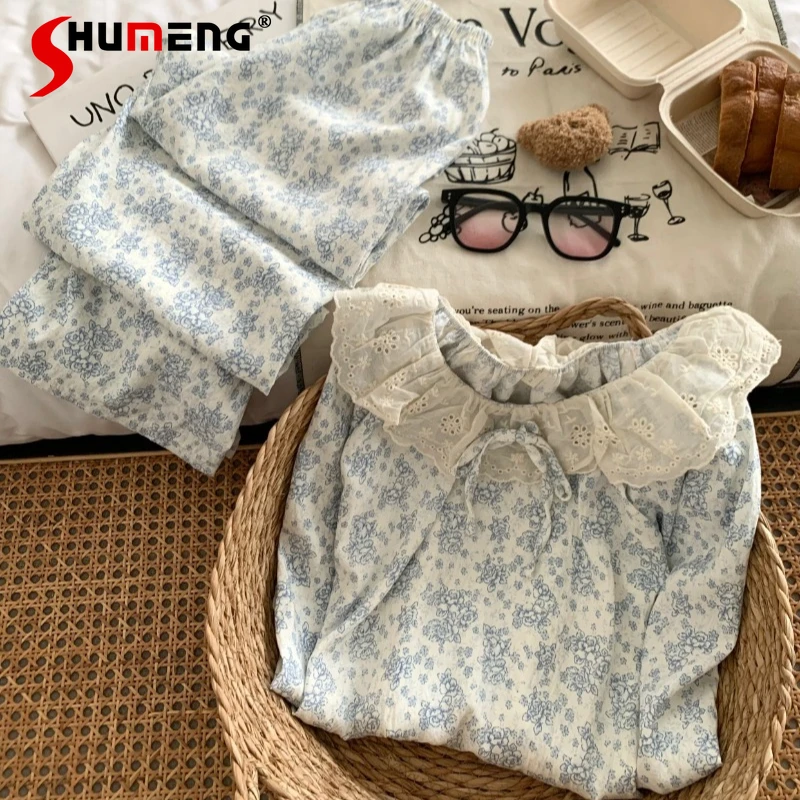 النمط الياباني الفتيات الملابس الداخلية الزرقاء الأزهار جولة الرقبة الدانتيل الخريف بيجامة مجموعة الشارع ارتداء طويلة الأكمام Homewear للنساء