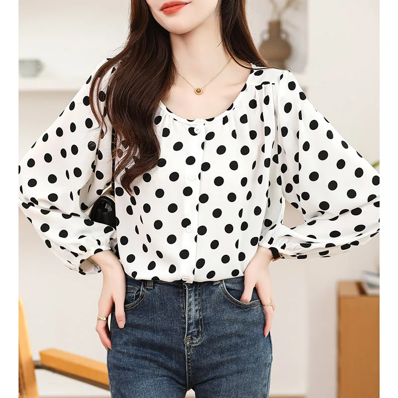 Women Clothing French Style Fashion Polka Dot O-neck Shirts Spring Autumn New Casual Loose Lantern Sleeve Blouses Y2k Chic Tops