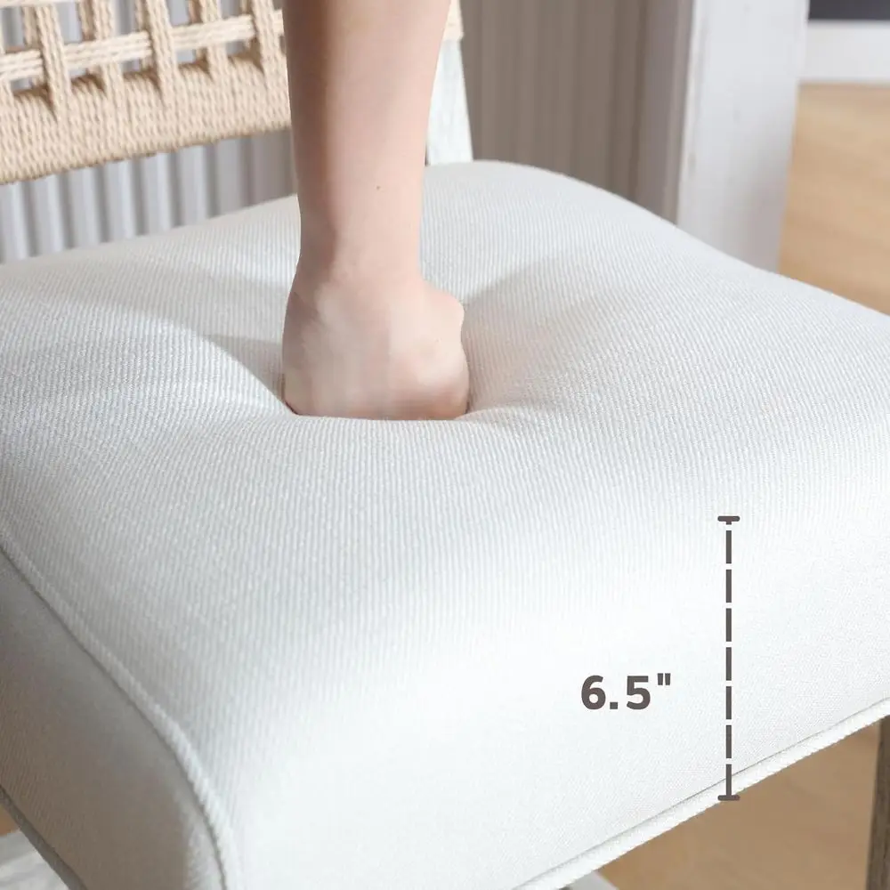 Set of 2 White Boho Linen Fabric Counter Height Stools with Woven Rope Back for Kitchen Island and Patio