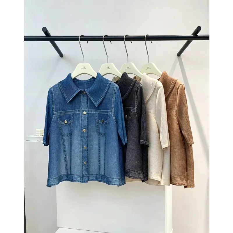 Miyake Pleated Blouse 2026 Design Short Sleeve Denim Shirt Jacket Women Summer New Loose Casual Versatile Short Button-Up Top