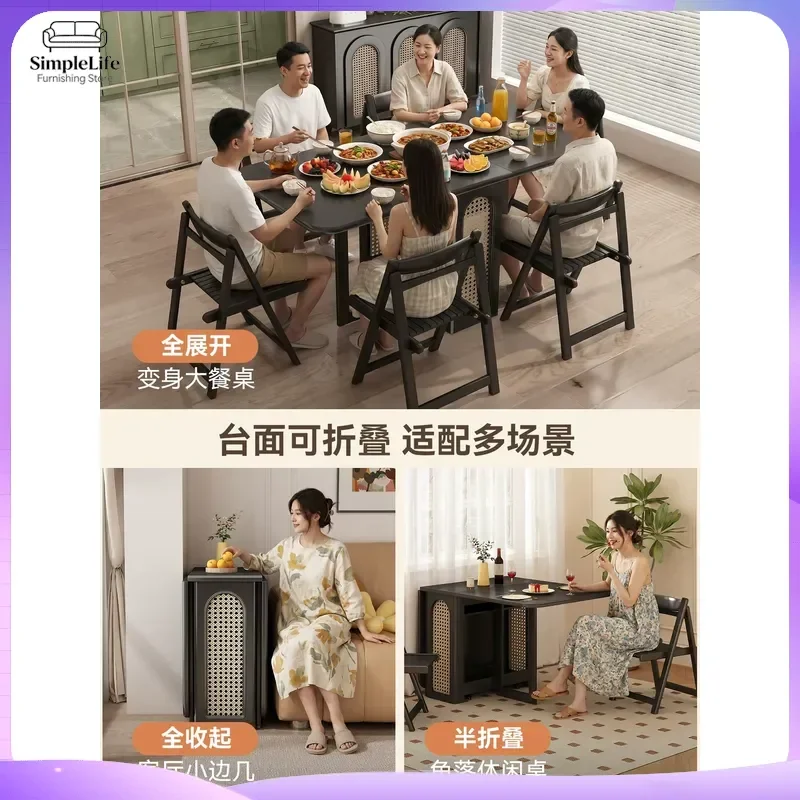 Black Rectangular Solid Wood Rock Slab Folding Dining Table Retractable Small Apartment Light Luxury Invisible Induction