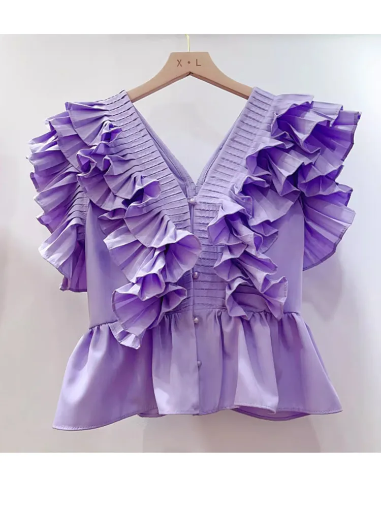 EWQ Sweet Style And Youth Woman Blouses Ruffles Edible Tree Fungus Solid Color Chic Design Female Shirt Summer 2024 New 27SN5745