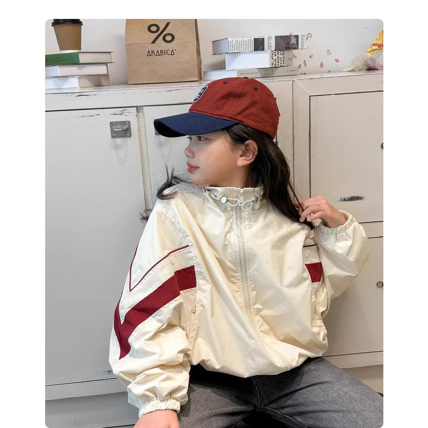 

Windproof Jacket Coat Grils Children Spring New Autumn Long Sleeves Vintage Color Clash Fashionable Comfortable Loose Casual