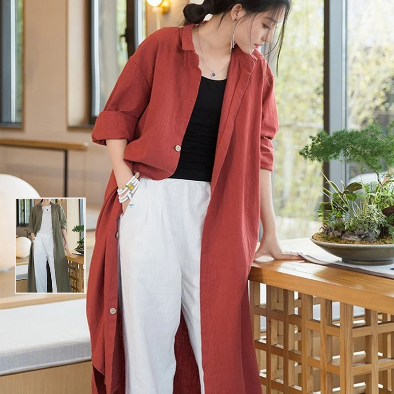 

Коврик японский Sle однотонный хлопково-льняной длинный повседневный открытый кардиган с лацканами для женщин больших размеров осенний сезон