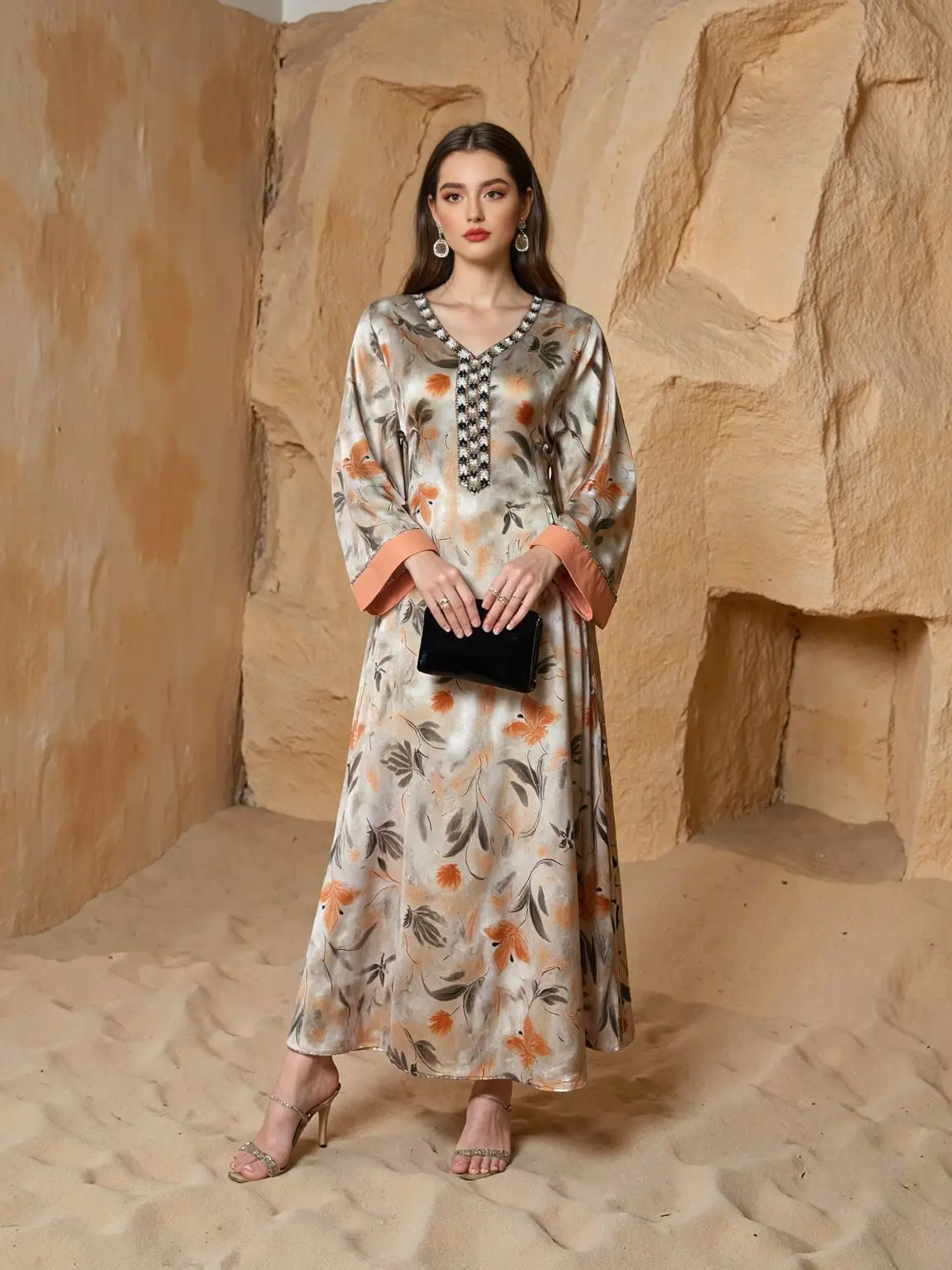 Nowa muzułmańska luksusowa moda, uniwersalna szata z nadrukiem, elegancka i pełna gracji abaja, odzież z Bliskiego Wschodu, długa sukienka z Dubaju.