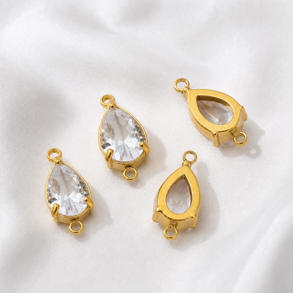 2 Stück 18K Gold Edelstahl Wassertropfen-Anhänger mit Zirkon-Kristallen für Ohrringe, Schmuckanhänger, DIY Vintage Halsketten-Anhänger – Detail 4