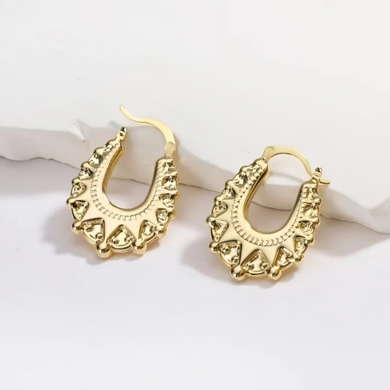 Huitan Scalloped Textured Royal Hoop Earrings for Women Gold Color Party Luxury Novel Classic Daily Wedding Trendy Metal Jewelry