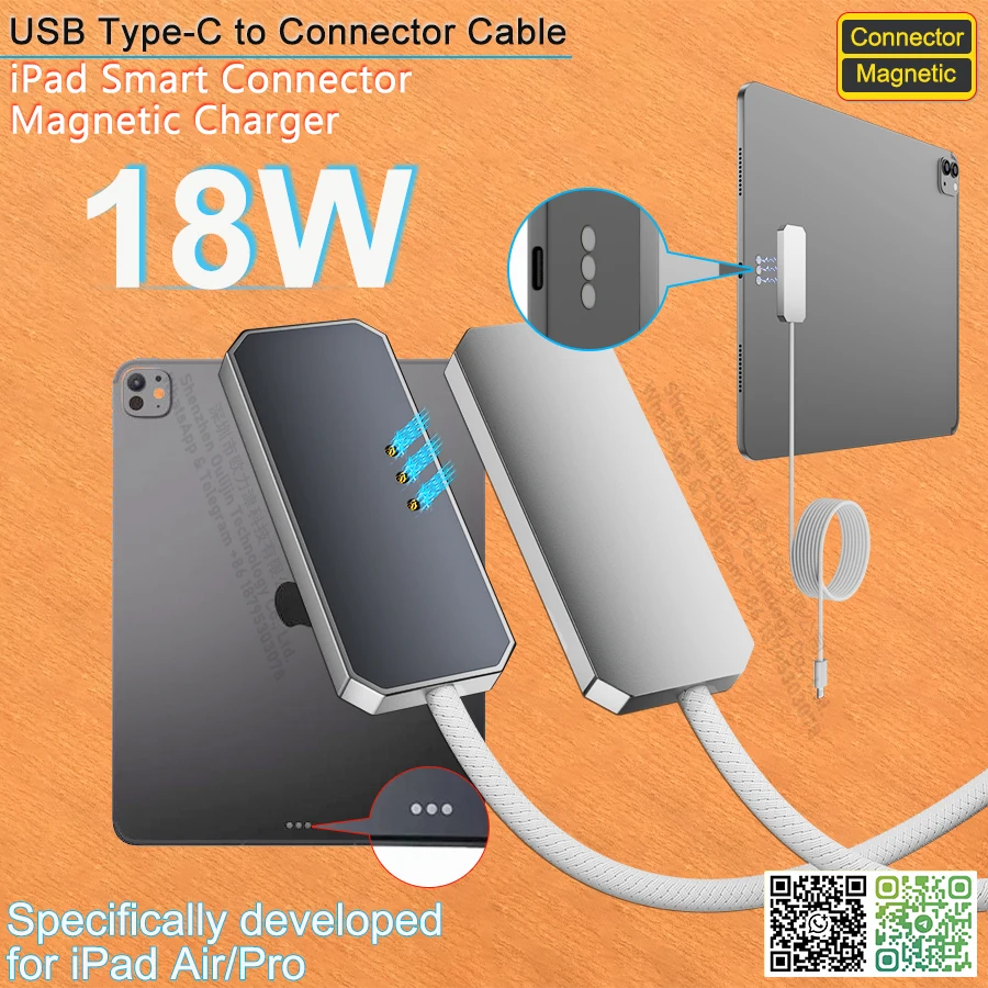 iPad Smart Connector Charger，USB-C to iPad Smart Connector Cable 2M，18W PD Fast Charging Magnetic Cable for iPad Air & iPad Pro