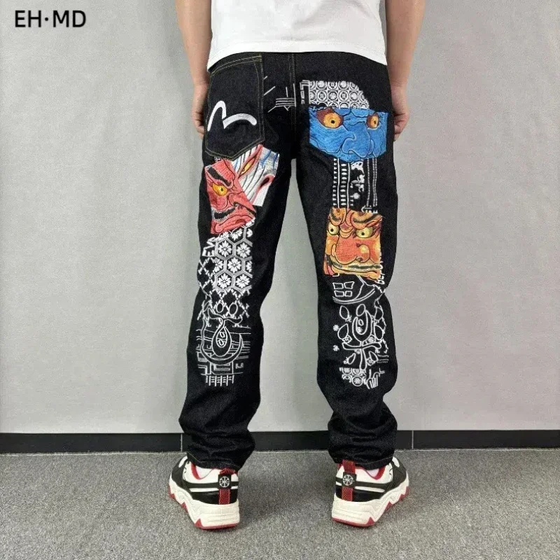 Men's Retro Red Ear Denim Trousers Lion Head Embroidery Pattern Jeans Small Straight Loose Black Trousers Golden Silk 2025 Black