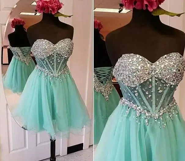 

Luxury Crystal Mini Homecoming Gowns Mint Green A Line Sexy Sweetheart Backless Tulle Illusion Summer Short Cocktail Party Dress