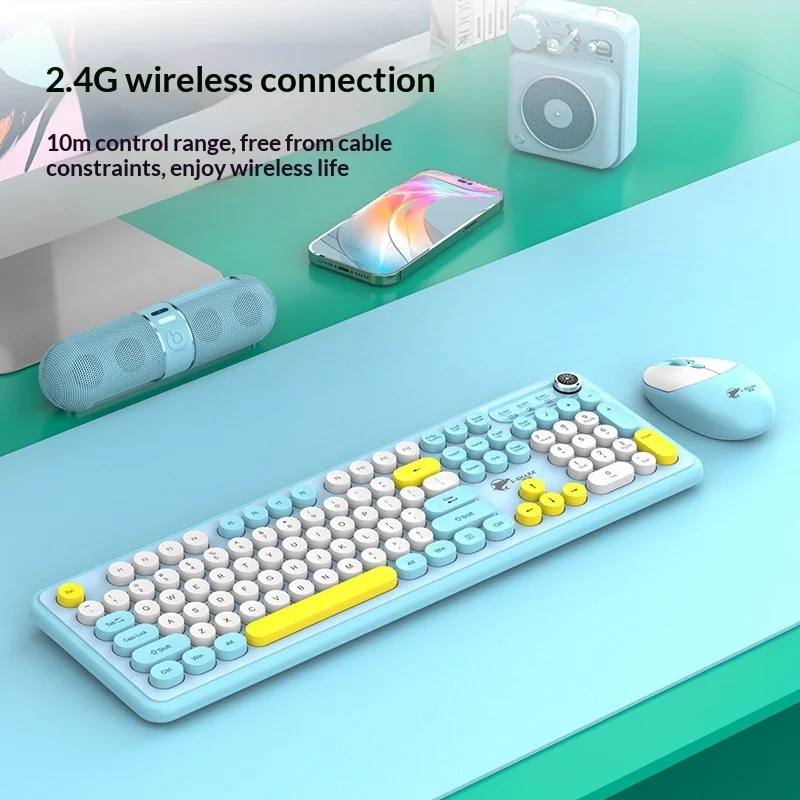 Wireless Keyboard And Mouse Combo 2.4G Plug And Play Punk Round Keycaps Single Receiver Power Saving For Home Office