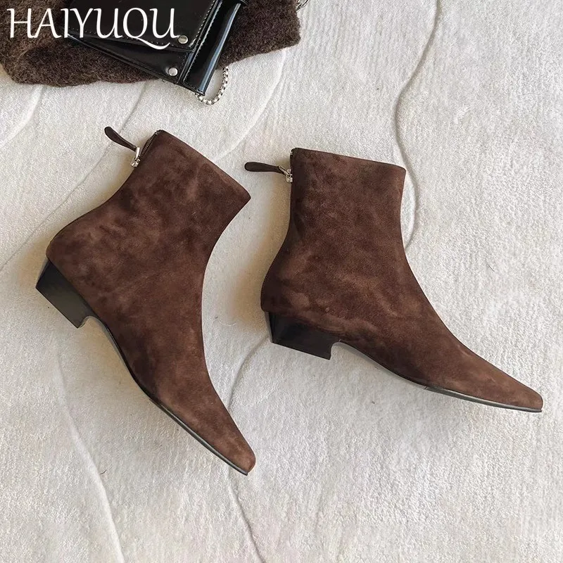 Women Suede Ankle Boots Flats Square Toe Fashion Shoes Woman Trend Chelsea Boots Cozy New Walking Brand Warm Mujer Snow Botas