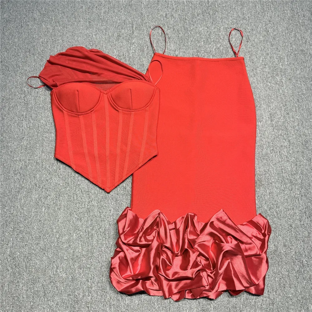 高品質包帯セット レディース セクシー トップス ボディコン フリルスカート ツーピースセット カジュアル服