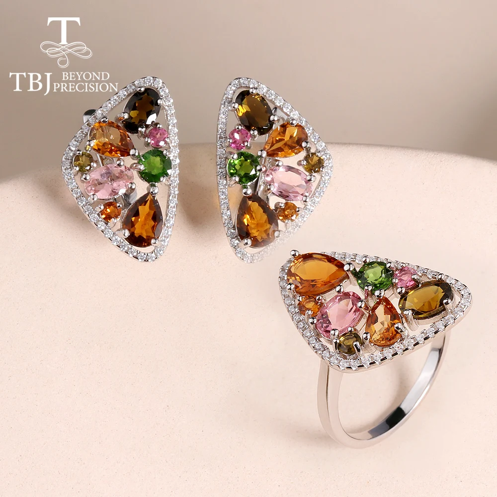 

Multi-color Tourmaline Diopside Natural Gem Ring Earrings Jewelry Set Women fine jewelry 925 sterling Silver Light luxury design