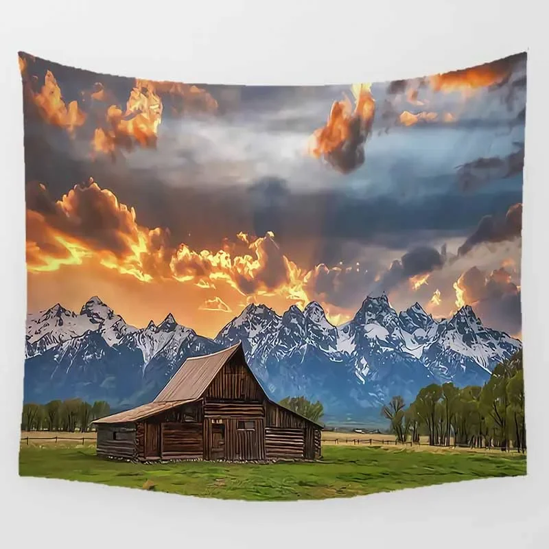 Sunset Mountains Tapestry Nature Landscape Tapestry Meadow Chalet Tapestry Wall Hanging Decor for Bedroom Living Room Dorm