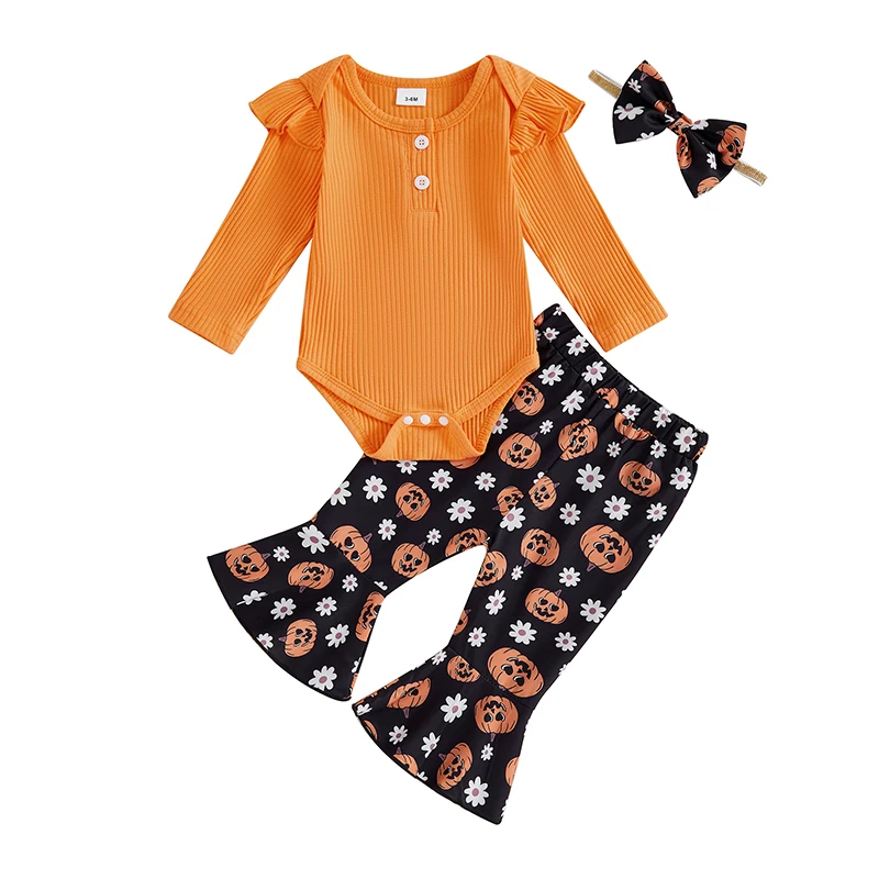 Baby Girl Halloween Outfits Solid Color Long Sleeve Romper Pumpkin Flower Print Flare Pants Headband 3Pcs Clothes Set