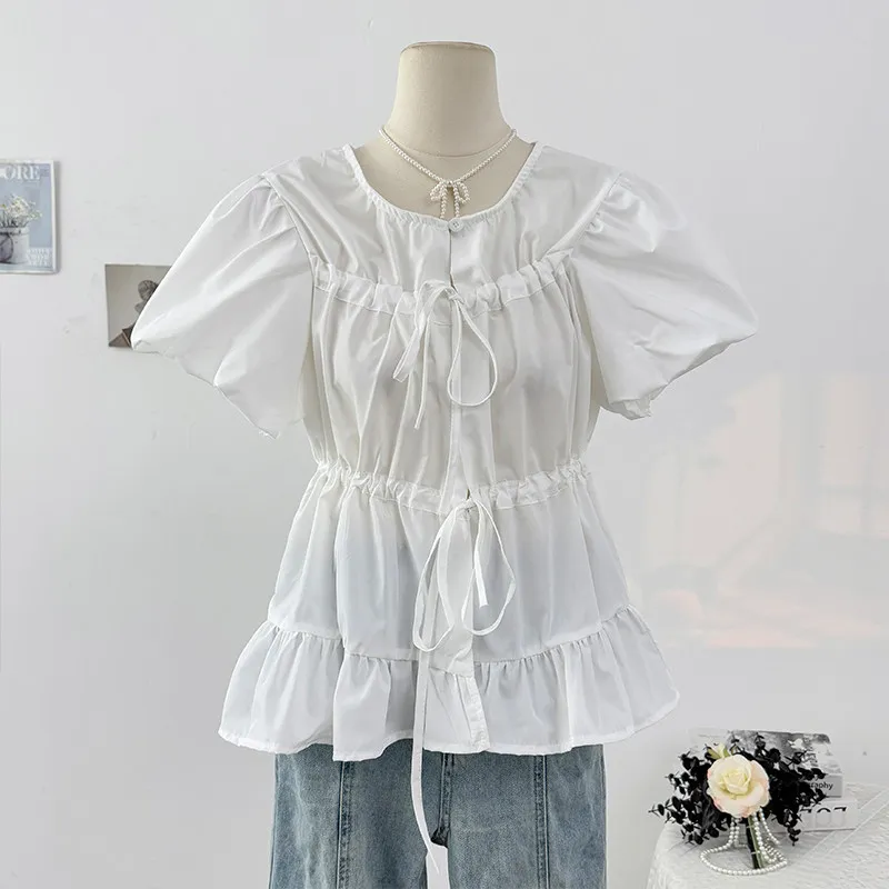 

Gagaok Korean Version Sweet Bow Tie Tied Bubble Sleeve Shirt Summer 2026 Ruffled Edges Waist Closure Cover Belly Reduce Age