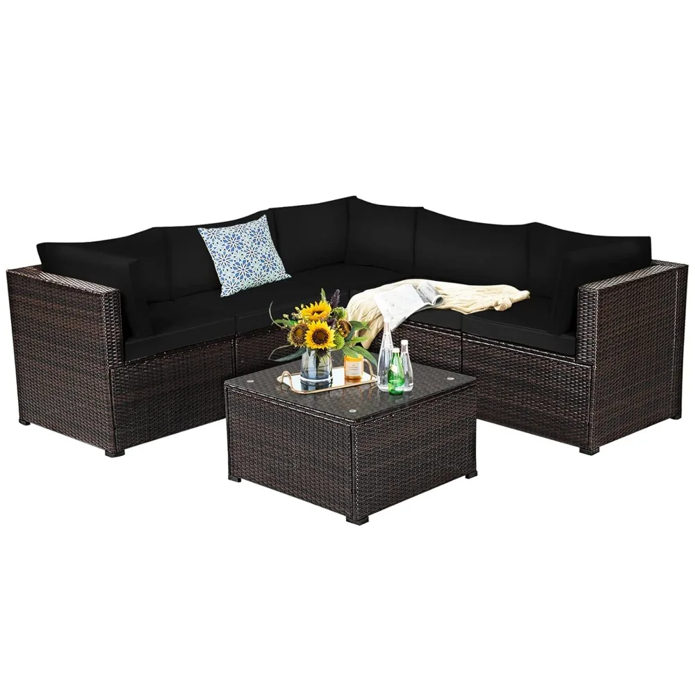 

6 Pieces Patio Furniture Set, Outdoor Rattan Sofa Set, Wicker Conversation Set W/Tempered Glass Coffee Table &, Customized