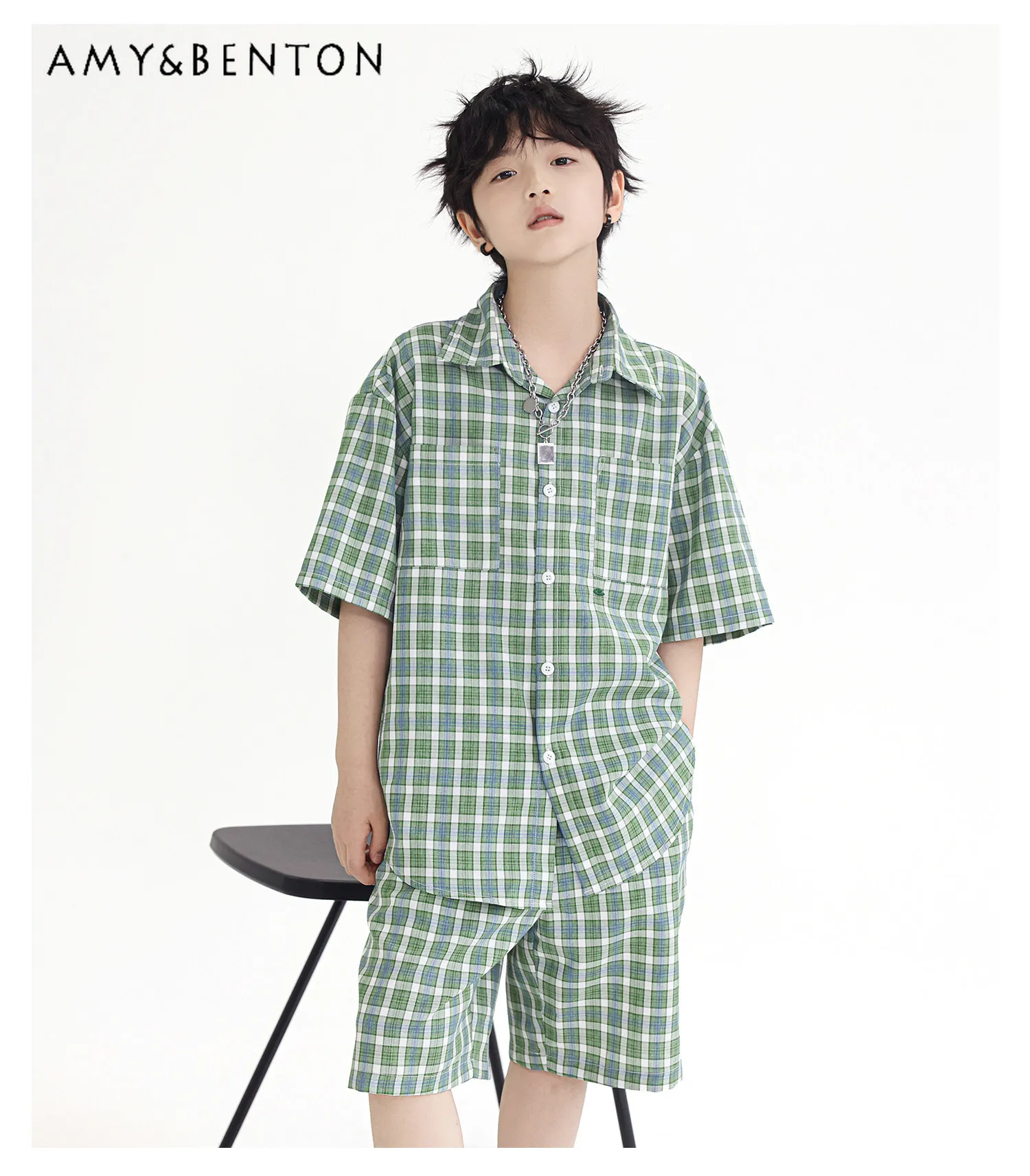 

Boys 2026 Summer New Fashion Plaid Breathable Outfit Green Check Short Sleeve Shirt and Elastic Waist Loose Shorts Set for Kids