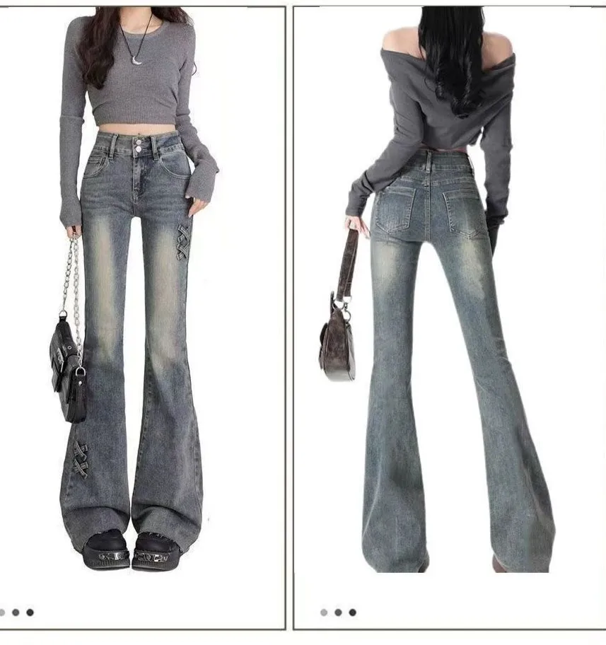 Bootcut Jeans Y2K Plus Size Dames Patchwork Boyfriend Skater Gothic Origineel Perfect Lang Haremstijl Licht trekkoord Comfortabel Ins