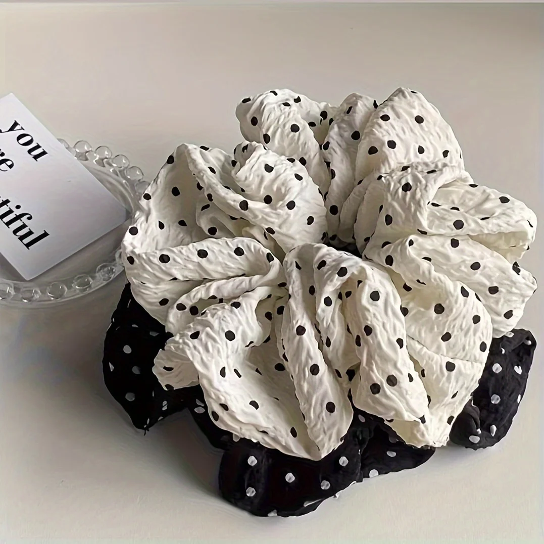 2 Buah Ikat Rambut Scrunchies Polka Dot Hitam & Krem - Aksesori Rambut Elastis Minimalis Retro