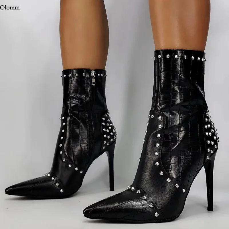 

Olomm New Handmade Women Ankle Boots Studded Stiletto Heels Pointed Toe Super Sexy Black Club Wear Shoes Women Plus US Size 5-15