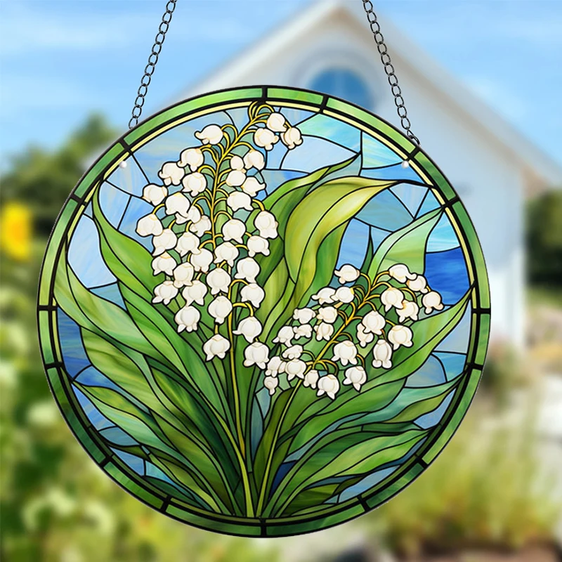 Decoración de lirio del valle de flor blanca, tapices acrílicos teñidos para ventana, atrapasoles, regalo, widget de decoración para el hogar y la cocina de Halloween