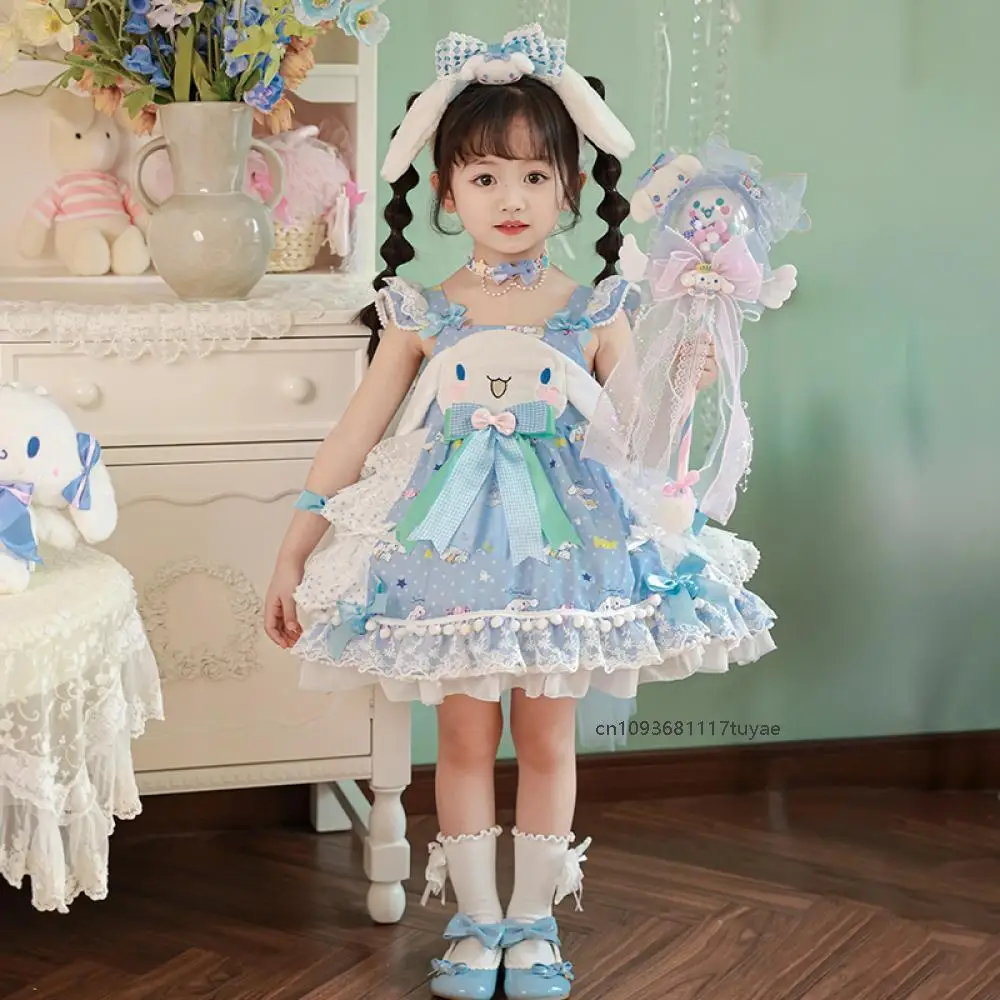 

Платье Лолиты для девочек Cinnamoroll Sanrios, аниме Kawaii, новинка лета, высокое качество, детское синее платье принцессы на подтяжках, праздничное платье