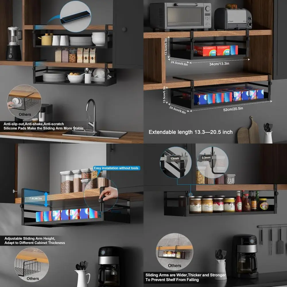 

k Under Shel Basket Organizer, Adjustable Under Cabinet Shel Storage, Hanging Holder Length Stretchable 13-21Inch or Kitchen Pan