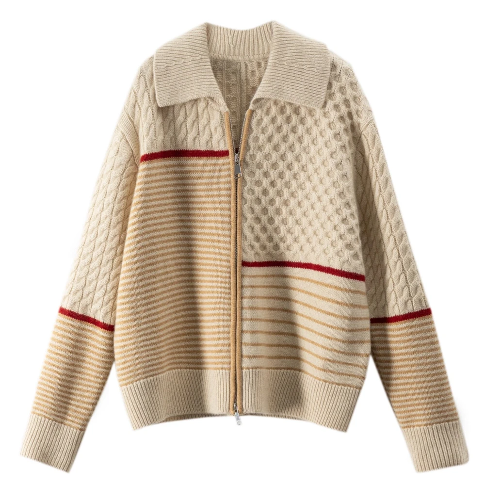 100% Cashmere Striped Twisted Sweater Cardigan Women's 76E1  Cardigan Feminino Sweaters for Women 580g