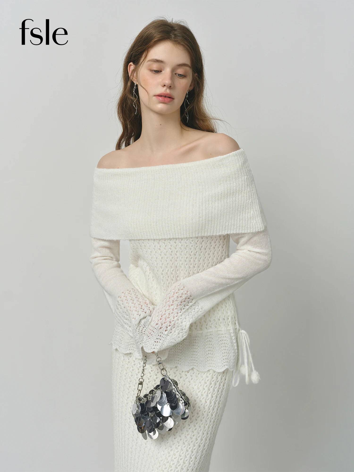 

FSLE One-shoulder White Fairy Knitted Suit for Women Autumn 2025 New Hollow Wool Knitted Sweater 25FS13123+25FS13122