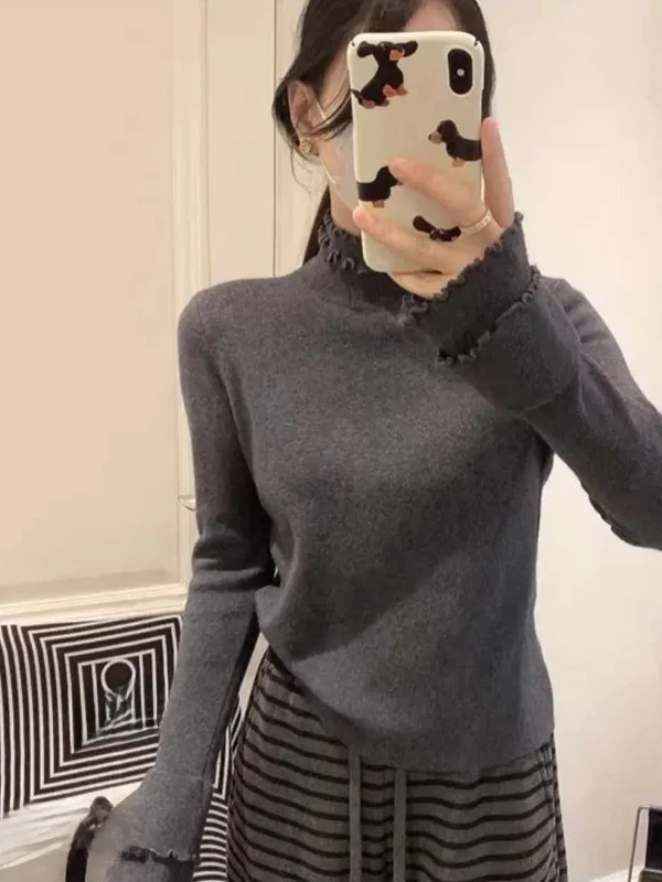Gray Half-High Collar Knitted Slim Fit Long Sleeve Base Shirt Women's Fashionable Commute Style Soft Comfortable Long Sleeve Top